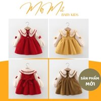 Váy thu đông dài tay cho bé, váy nhung đỏ thiết kế 2 cổ xinh xắn cho bé từ 2 đến 5 tuổi