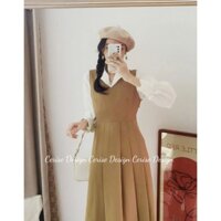 Váy thu đông xếp ly cổ V khóa sườn cách điệu chất liệu dày dặn dáng dài có chiết ly nhằm tôn dáng full size