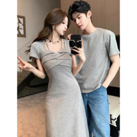 Váy thun cặp đôi xám maxi tiểu thư duyên dáng nam túi thật