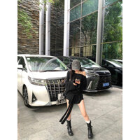 Váy thun dài tay lệch vai màu đen không đều dành cho nữ Thiết kế đầu mùa thu Cảm giác cô gái hấp dẫn hơn có ren @