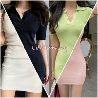 Váy Thun Tăm Cộc Tay Polo Cổ V - LiA.Clothing Nữ [FREESHIP] - Đầm dáng ngắn ôm body cổ tim tay lỡ thiết kế cá tính
