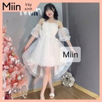 Váy tiệc đuôi tôm đính nơ tay bồng rớt vai