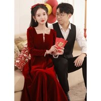 Váy tiệc sang trọng cao cấp cho cô dâu nhỏ nhắn, màu đỏ rượu vang mùa đông, tay dài, váy nhung phù hợp cho trang phục thường ngày, váy cưới, váy đính hôn