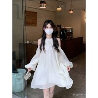 Váy tiên nữ cao cấp không khí kiểu Pháp váy liền cổ hở vai Mối Tình Đầu dài tay nghỉ Trà Xuân hè mẫu mới thân hình nhỏ