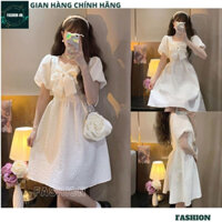 Váy tiểu thư màu trắng nơ ngực cổ vuông - Đầm gấm xốp tay bồng dáng ngắn xòe trẻ trung xinh - FASHION V110