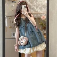 váy tiểu thư nhẹ nhàng,đầm jean sát nách đính nơ phối chân váy tơ bồng D45