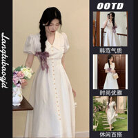 Váy Tiểu Thư Tay Phồng Chiết Eo Khí Chất Hàng Nút Giả Dài Phong Cách Cổ Điển Pháp