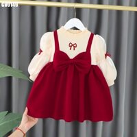 Váy Tiểu Thư Tay Phồng Đính Nơ Màu Đỏ Chất Cotton Cho Bé Gái 1 2 3 4 5 Tuổi MINTSCLOSET Mint's Closet - GV0226