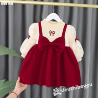 Váy Tiểu Thư Tay Phồng Đính Nơ Màu Đỏ