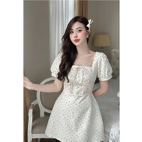 Váy tiểu thư tay phồng hoạ tiết, cổ vuông buộc dây phối cúc (có lot quần bảo hộ), Váy hoa nhí  điệu đà_Rosey.closet