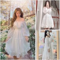 Váy Tiểu Thư Trễ Vai - Đầm Bánh Bèo Màu Trắng Chất Đẹp