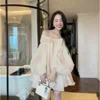 Váy tơ trễ vai công chúa, đầm babydoll tay bồng xòe thắt nơ xinh