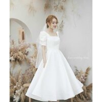 váy trắng cô dâu, váy cưới công chúa dự tiệc cổ vuông khoét lưng thắt nơ sẵn size XL kèm ảnh thật MS022 . ࿈