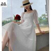 Váy trắng dài cổ vuông tay lỡ đầm trắng dự tiệc, chụp kỉ yếu, maxi đi biển Gấu Store92