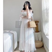 Váy trắng đi biển, dự tiệc- Đầm trễ vai công chúa 2 lớp