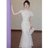 Váy Trắng Thiết Kế Đơn Giản Sang Trọng Thanh Lịch Đuôi Cá Phong Cách Trung Quốc