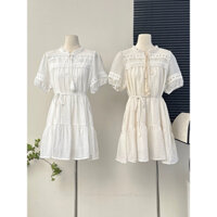 Váy trắng thổ cẩm ngắn tay phong cách babydoll nhẹ nhàng tiểu thư, váy thổ cẩm mùa hè