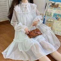 váy trắng tiểu thư tay bồng dáng dài hai lớp, đầm trắng dự tiệc bánh bèo cá tính, Đầm babydoll cổ bèo voan dễ thương