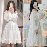 Váy trắng tiểu thư trễ vai tay bồng dáng dài hai lớp, đầm trắng dự tiệc bánh bèo Siêu Xinh.v18 MIALA