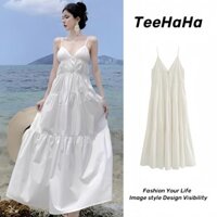 Váy trắng Váy 2 dây trễ vai Váy đi biển Đầm hai dây maxi dáng dài Váy dài đi biển du lịch nghỉ dưỡng màu trắng váy hai dây rộng rãi cổ điển mẫu mới mùa hè 2024