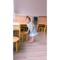 Váy trẻ em bé gái đũi mềm mại màu xanh bạc hà, in hình hoa trà dễ thương- Mẹ và Bé Fashion.