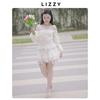 Váy trễ vai chân váy ren hoạ tiết nơ trái tim Lizzy