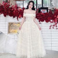 váy trễ vai dáng dài,váy ren trễ vai gập ngực đính hoa phối chân váy lưới dáng maxi mặc dự tiệc siêu nổi bật B400