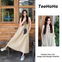 Váy trễ vai đi biển Đầm maxi dáng dài Váy liền không tay kaki mùa hè cho nữ váy rộng rãi lười mẫu mới mùa hè