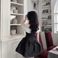 Váy trễ vai đính nơ vai trắng