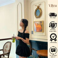 Váy Trễ Vai Nơ Viivushop , Váy hai dây Thun Lạnh Thiết Kế Nhún Eo Tôn Dáng Có Lót Quần Bảo Hộ