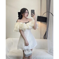 Váy trễ vai phối nơ óng đầm dự tiệc sang trọng