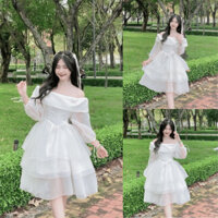 Váy trễ vai taffa xòe 3 tầng kèm nơ đá, đầm thiết kế trắng dáng xòe bánh bèo có mút ngực Xm genlyfashion GT21