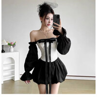 VÁY TRỄ VAI THẮT NƠ TƯƠNG PHẢN ĐEN TRẮNG VÁY BỒNG BỀNH SIẾT EO