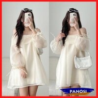 Váy trễ vai tiểu thư đầm bánh bèo Hàn Quốc vải tơ 2 lớp đính nơ đá nhẹ nhàng PANOSI - V836