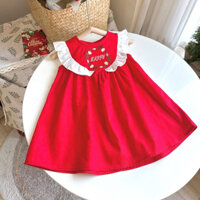Váy tuyết trắng thêu chữ happy, Váy sát nách cánh tiên đỏ phối bèo thêu hoa chữ happy cho bé