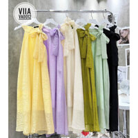 Váy V43, Đầm Maxy Yếm Buộc Nơ Cổ Chất Đũi Tơ Hai Lớp Thích Hợp Đi Biển, Đi Chơi