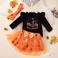 Váy vải Halloween cho bé gái Váy lưới bí ngô + Dây nịt dài tay + Băng đô Bộ ba mảnh dành cho trẻ em