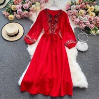 Váy vintage dáng dài đầm maxi thêu họa tiết thổ cẩm chất đũi nhật hàng loại 1 size đến 70kg