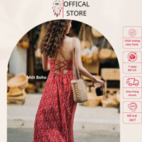 Váy voan cổ yếm đỏ hoa nhí trắng đan dây lưng xẻ chân Mót Boho mã 14671