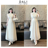 Váy Voan Dáng Xoè Maxi Cổ Trụ Đính Nơ Cổ Bo Eo, Đầm Dự Tiệc Tiểu Thư Sang Chảnh