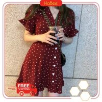 Váy voan đỏ 💖FREESHIP💖Váy nữ ngắn chấm bi đơm nút ulzang xinh xắn cổ chữ V