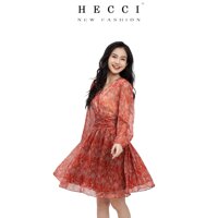 Váy voan hoa Hàn HECCI màu đỏ tay bồng cổ chữ V cao cấp V149