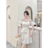 Váy voan tơ trễ vai nhún hông ôm eo, đầm tay bồng xòe nhẹ đuôi cá tiểu thư, sang chảnh - Hàng sẵn kèm ảnh thật trải sàn