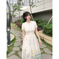 Váy voan trắng xoè hoa tiểu thư DVC váy xoè trắng ly ngực chân váy hoa vàng xanh V4676
