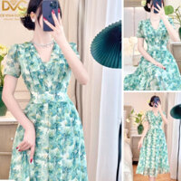 Váy voan xòe lá xanh cổ V sang chảnh, đầm xòe xanh lá dáng dài nữ tính đi tiệc đi biển V4859