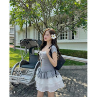 Váy xám line trắng váy bồng 3 tầng trắng bèo tiểu thư hàng có sẵn ( ảnh thật cuối)