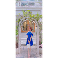 váy xanh cổ yếm hở vai