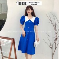 Váy Xanh Tay Phồng Cổ Ren Trắng Dạo Phố DRESS TK011