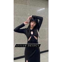 Váy xẻ tà dài thun đen cut out ngực Annam Design