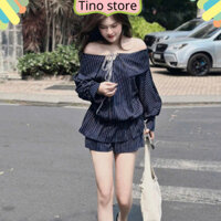 Váy xòe bí mix với áo sơ mi kẻ xanh trễ vai cho các nàng diện phố